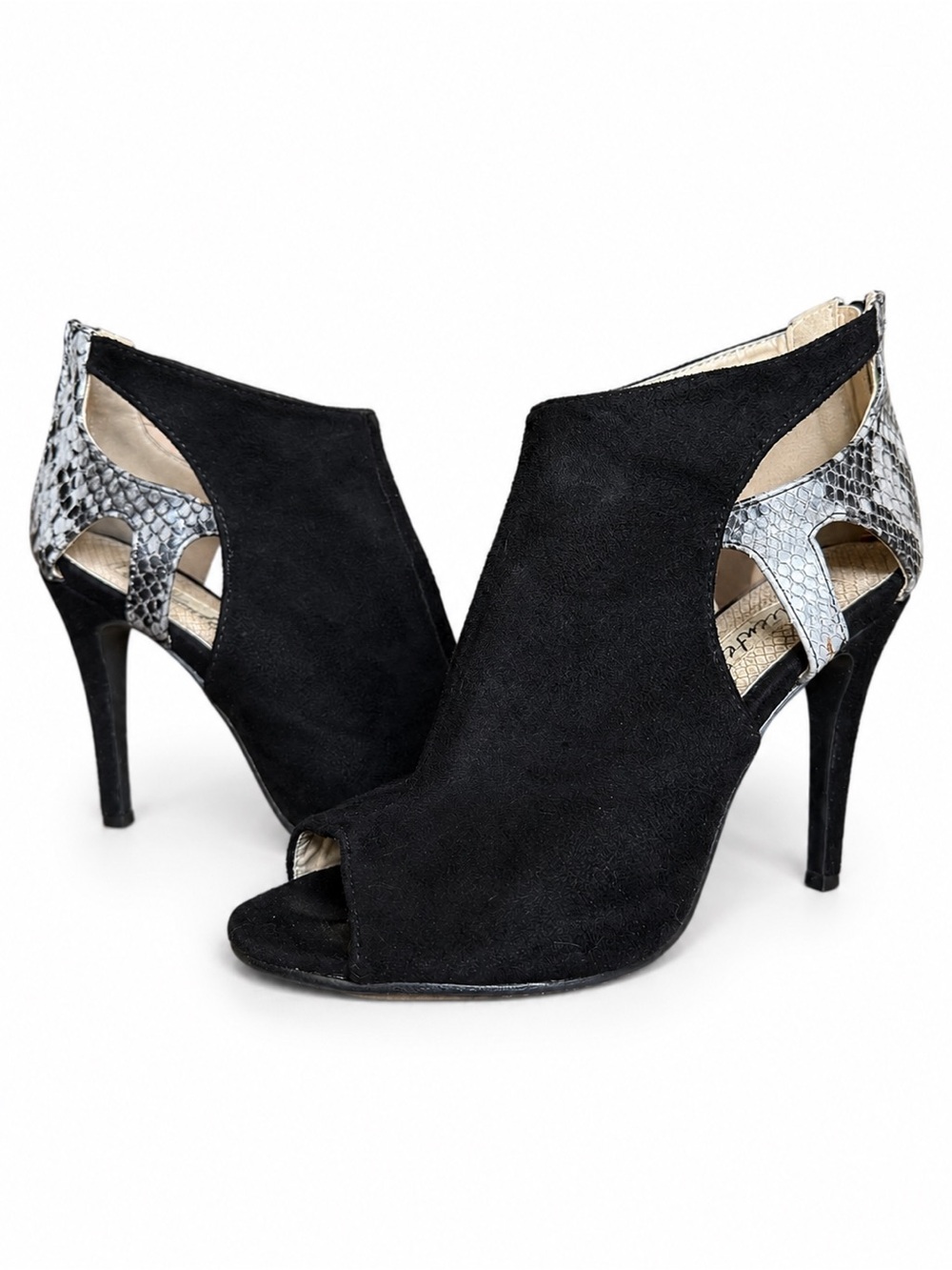 Caliente Grace Black Peep Toe Cutout Heels Snakeskin Accent Stiletto Pumps 7